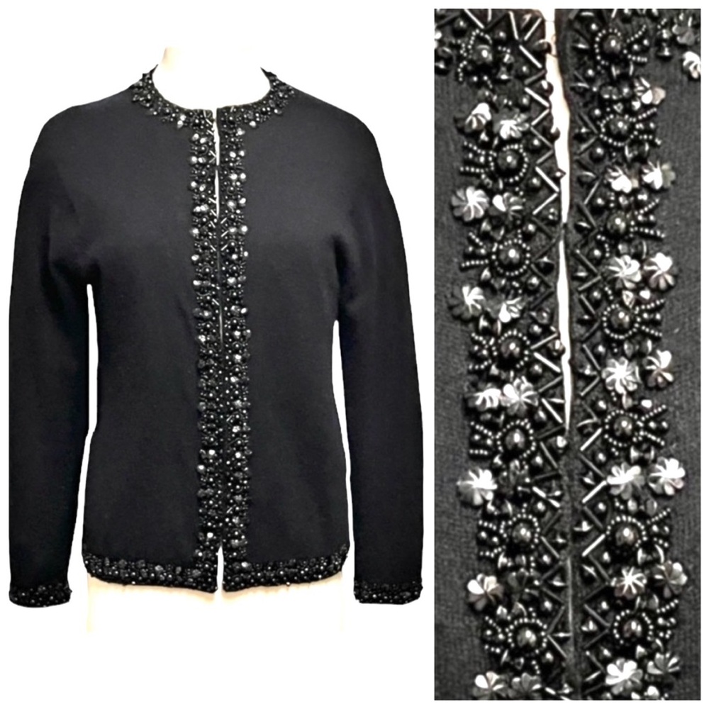 Vintage Custom Vic&Vic Black Haute Couture Beaded Cardigan Lambswool Sweater